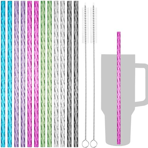 NiHome 12 Pack Wiederverwendbare Plastik-Strohhalme für Stanley 1,2L Becher, 30 cm Lange Wellenmuster-Strohhalme, Mit 2 Reinigungsbürsten, Aus Robustem PETG(Gemischte Farben)