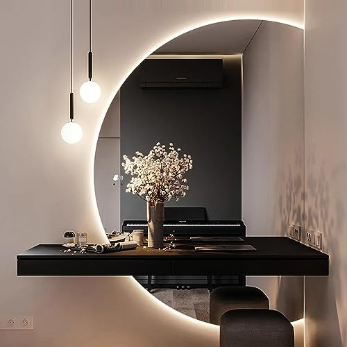 Zhoudong Badrumsspegel, halv cirkel, antidimma, LED-bakgrundsbelyst sminkspegel för heminredning, halvmåneformad, ramlös väggspegel, 3 färger, entrélampa, full längd, med tryckknapp, högerskuren, 8