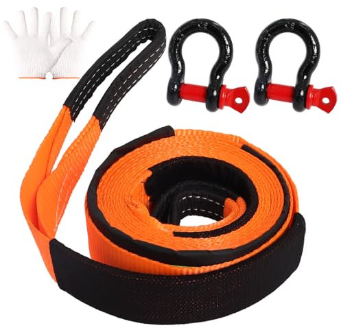Heavy Duty Tow Rope with Hooks,5CM×5M Tow Straps with 2pcs D-ring Shakles and 2pcs Gloves by Poweka (5CM×5M)