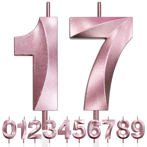 17th Vela de Cumpleaños con Purpurina oro rosa y Diseño 3D - Número 17 Velas con Números, Decoración de Tarta, Vela de Tarta para Fiesta de Cumpleaños, Aniversario de Boda, Decoración de Fiesta