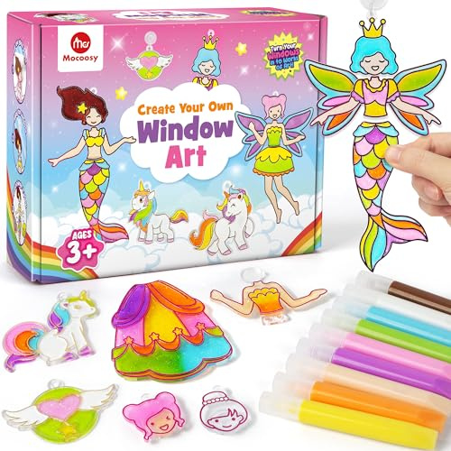 Mocoosy Window Art Princess Unicorn Suncatcher Kit, Suncatcher Art Craft Kits for Kids 5-12, Stained Glass Painting Set, Girls Birthday Presents, Unicorn Toys Easter Gifts for 5 6 7 8 9 Year Old Girls