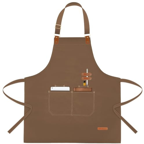 Chef Apron for Men Women with Pockets Adjustable Neck Strap, Heavy Duty Canvas Gardening Apron, Water Repellent Apron for Cooking, Baking, BBQ, Working, Painting (Brown)
