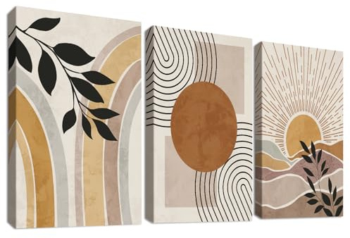 3 Pcs Boho Medio Siglo Moderno Marco de Madera Cuadro Moderno Naturaleza Plantas Desierto Sol Lienzo Decorativos Pintura Imagen Bohemio Cuadros Decoracion Salon Dormitorios Baño 30cmx40cmx3