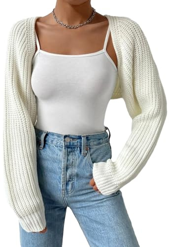 ensswliz Women's Cropped Cardigans Long Sleeve Ribbed Knit Shrug Open Front Sweater Bolero Top Summer Vacation Clothes