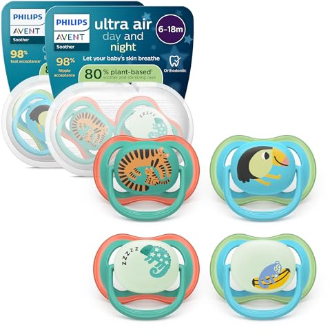Philips Avent Day et Night Sucettes ultra air - Tétine orthodontiques, pour bébés de 6 à 18 mois, version phosphorescente, en silicone souple d'origine végétale, sans BPA, lot de 4, SCF087/27