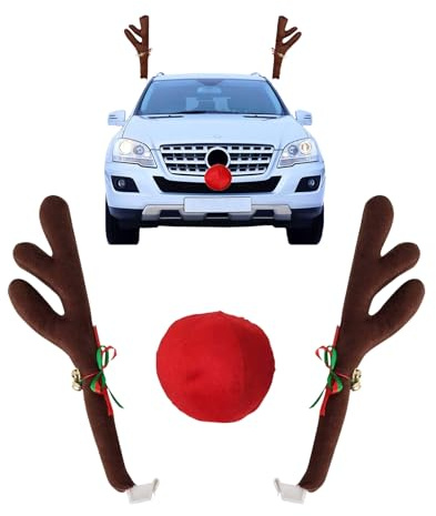 Corna Renna per Auto Natalizi Decorazione, 3 Pezzi Orecchie Renna per Auto Set di Corna E Naso Rosso E Campane, Kit Renna per Auto Addobbi Di Natale