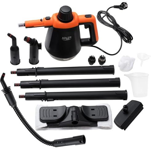 Adler Handdampfreiniger Set | Dampfreiniger + 13 Aufsätze, 3,5 Bar Druck & 120°C Heißdampf | Dampfente für Fugen & Dampfbesen für Böden | Löst Fett & Schmutz | Ideal für Fugen, Polster & Fenster