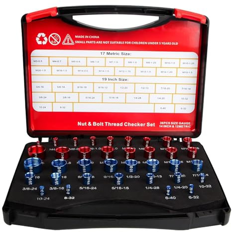 Baxnore Comprobador de rosca de tuercas y pernos, juego de 36 piezas, calibre identificador de tuercas y pernos métricos imperiales con caja de almacenamiento para ingenieros mecán