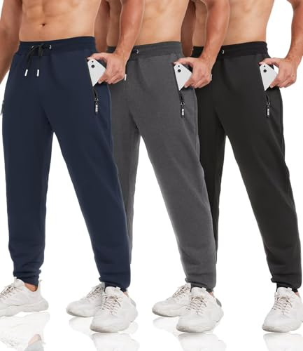 lomsoe 3 Pack Mens Joggers Bottoms Tapered, Tracksuit Bottoms Men with Zip Pockets, Joggers for Men UK Fleece Slim Fit Sweatpants Mens Running Gym Track Pants