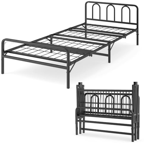 Multigot Portable Folding Bed, 3FT Single Foldable Metal Platform Bed Frame with Headboard & Footboard, Heavy-duty Space Saving Design for Guest Room Apartment, 90x194cm