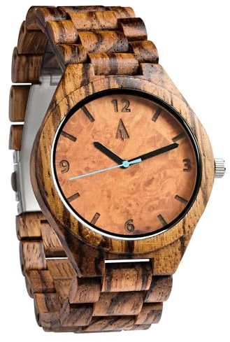 Treehut Wooden Watches for Men, Japanese Quartz Movement, Stylish Exotic Wrist Watch with Adjustable Stainless Steel Buckle, Wooden Straps, Watch Made from Ebony and Zebrawood, Relojes Para Hombre (Black Zebrawood 4)