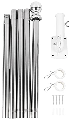 YARNOW 1.9m Alloy Wall Mounted Flag Pole Kit with Adjustable Bracket, 5 Spliced Silver Poles, 2 Rotating Rings, and Screws for Garden, Porch, and Fence