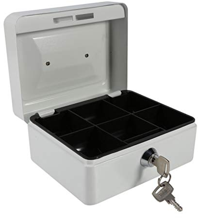 Tiiyee Spardose mit Schlüssel, Feuerfeste wasserdichte Box mit Schlüsselschloss, Tragbare Tragbarer Safe Stahl Abschließbar Bargeld Geld Münze Schmuck Sicherheitsbox Geldkassette Tresor Griff Weiß