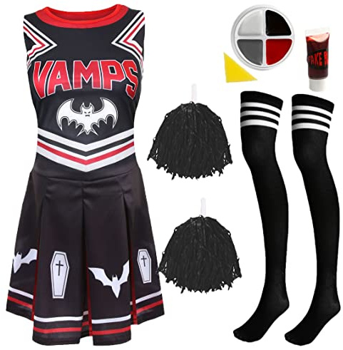 Cheerleader da donna di Halloween vampiro – Large – abito da cheerleader nero e rosso, pompon neri, calzini sportivi in bianco e nero, vernice facciale e sangue – costume per Halloween per adulti