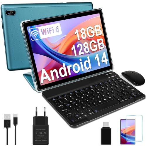 DMOAO Tablet 10 Pulgadas Android 14 con 5G Wi-Fi 6, FHD Tablet con 18 GB RAM + 128 GB ROM (Ampliable a 1TB), Widevine L1, 8 Cores, BT 5.0, 6000mAh, USB-C, Teclado + Ratón + Funda, Azul Cielo