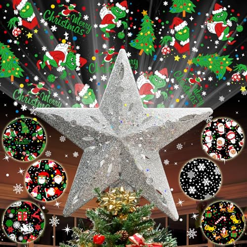 10 Christmas Tree Topper Projector with 6 Projection Modes, Built-in LED Rotating Light, 3D Glitter Dynamic Projector Light Up Xmas Tree Topper Star for Christmas Holiday Party Decorations Gifts