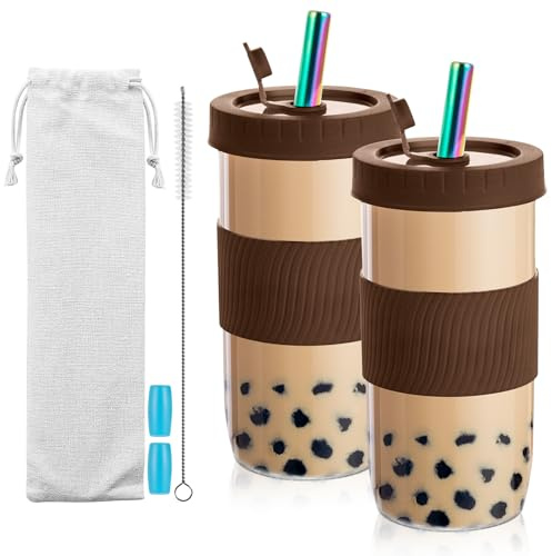 Dyserbuy 2 Stück Bubble Tea Becher, 730ml Wiederverwendbare Bubble Tea Set mit Strohhalm, Smoothie Becher Für Kaffee, Milchshakes, Getränke (Braun)