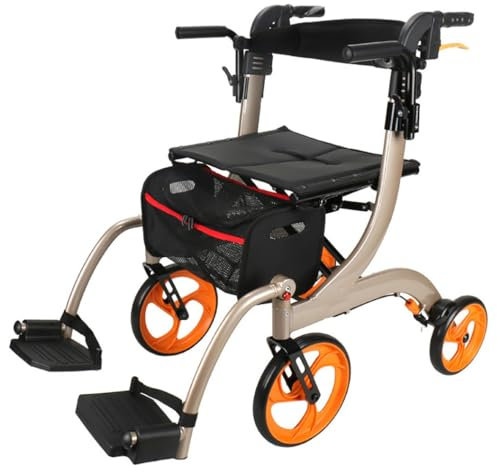 Rollator in Alluminio Pieghevole,Girello 4 ruote,deambulatore da esterno,con Seduta e poggiapiedi,Altezza regolabile,per terreni e attività all'aperto champagne gold