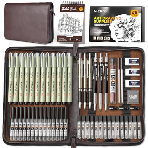 Nicpro 58-teiliges Zeichenset im Lederetui, Druckbleistift Set mit 6 Metall Mechanische Bleistifte 0,5 & 0,7 & 0,9 & 2mm Fallminenstift, 12 Fineliner Schwarz,Skizzenbuch, 30 Röhrenminen zum Skizzieren