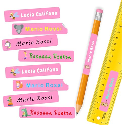 120 Etichette adesive personalizzate colorate scuola formato 50x10mm, sticker personalizzati utili a segnare penne, quaderni, matite, libri, materiale scolastico in genere. (ROSA)