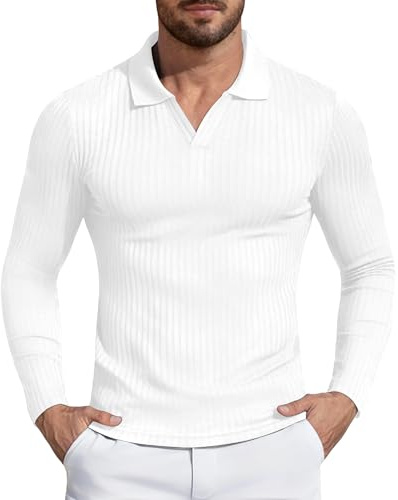 AIYINO Mens White Shirts Long Sleeve V Neck Knitted Polo Shirts for Men Plain Polo Shirt Ribbed Winter Tops Casual Smart T-Shirt White L