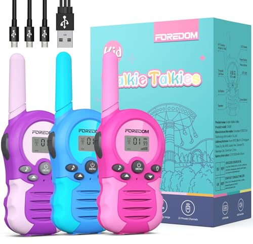 FOREDOM Talkie Walkie Enfants Rechargeable, Talkie-Walkie Longue Portée pour Garçons & Filles de 3-12 Ans, Cadeaux Aventure Plein Air, Lot de 3