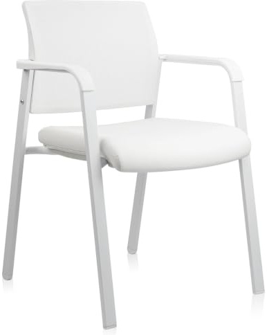 CLATINA Stacking Office Chairs | Mesh Back, Thicken Leather Seat and Streamline Arms, Ergonomic Lumber Support | Guest Reception, Waiting, Conference, School, Party, Customer, Side, Stationary, White