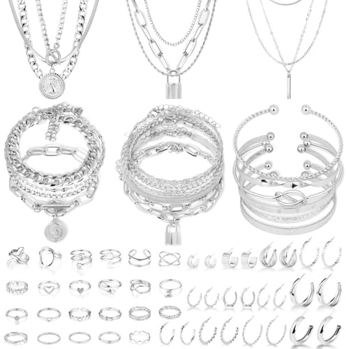 CHICUTIE Gold Jewelry Set For Women,14k Gold Plated Multi Layer Necklaces Bracelets Hoop Earrings Set Stackable Knuckle Rings, Trendy Elegance Charms Non Tarnish Minimalist Textured Boho Jewelry Gift (Fashion Silver)