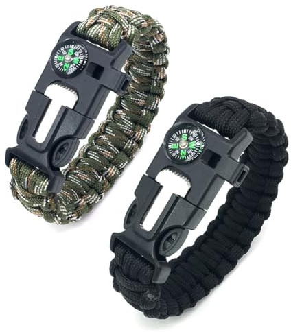 NJCXOLA Paracord Bracelet de Survie, Survie en Pleine Nature, kit de Survie, Bracelet pour Camping, kit d'urgence, pour randonnée Camping activités de Plein air(2 pcs)
