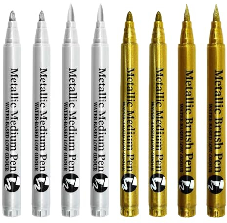 Rnigra Metallic Pens Set, 8 Pack Gold and Silver Pens, Acrylic Paint Pens Metallic for Crafts, Scrapbooking, Rock Painting, Cards, Fabric, Glass, Wood & Ceramic (Thick & Fine Tip)