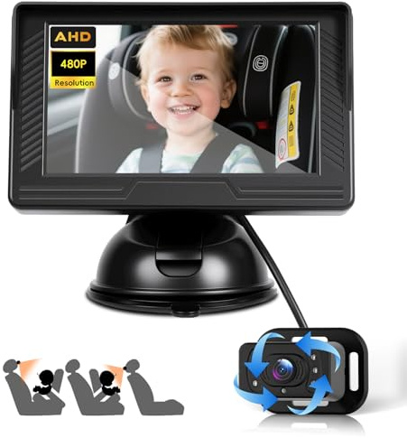 VECHTEL Telecamera di sorveglianza per bambini HD,schermo da 4,3 pollici con telecamera per sedile posteriore, presa accendisigari, specchio di sicurezza girevole a 360° per seggiolini per bambini