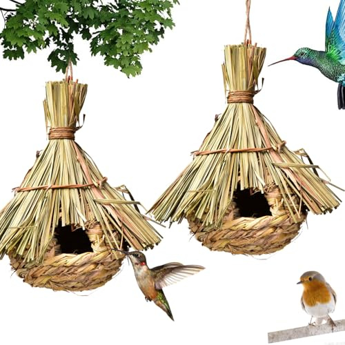 2 Pezzi Casa Degli Uccelli di Paglia, Nido per Uccelli Selvatici All'aperto, Nido Uccello Erba Casetta, Casetta Uccellini da Esterno per Uccellini Come Colibrì, Merli, Passeri e Cinciarelle