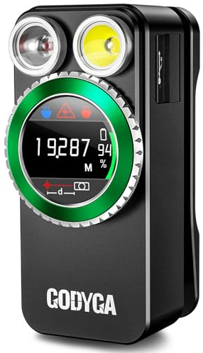Godyga Lampe Torche LED Rechargeable 4-en-1 avec Télémètre Laser, Lumière Blanche & Rouge, Compteur de Golf, 500 Lumens IPX6, Clip Magnétique, pour Camping, Randonnée, Bricolage