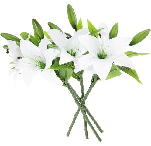DIYEAH Bouquet di Gigli Artificiali Realistici 4 Pezzi Fiori di Giglio Finti in PVC Bianco Decorazioni per Matrimonio Casa e Festa Facili da Pulire e Riutilizzabili