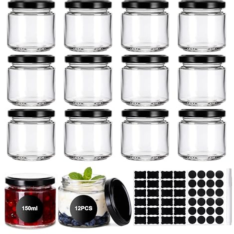Hejo 12 Piezas Tarros de Cristal con Tapas, 150 ml Herméticos de Mermelada Pequeños, Herméticos de Vidrio con Tapa Rojas y Doradas, Mini Tarros de Vidrio para Conservas, Chutney, Miel