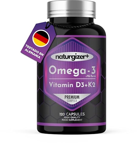 Omega 3 Vitamina D3 y K2 MK7, rTG con EPA y DHA 1000 mg, Alta Pureza