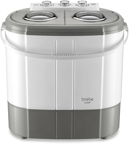 briebe Camp Mini Lavadora Portátil con Centrifugado, Camping, Capacidad Ropa 3Kg, Ideal Viajes, Camper y Autocaravanas, 2 Compartimentos, Carga Superior, Bajo Consumo Agua y Energía, Gris/Blanco
