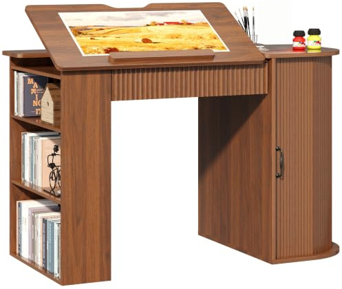 TinFrey Mesa de Dibujo inclinable con cajones y almacenaje, Efecto Madera | Tablero inclinable 0-80°, 2 cajones, estantes abiertos, armario lateral, para dibujo y pintura