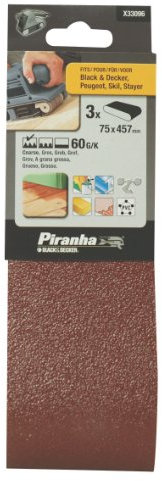 Black+Decker X33096-XJ - 3 Bandas de lija. 75 x 457 mm. Grano 60. Madera, pintura, barniz, yeso, metal y plástico. Larga Duración.