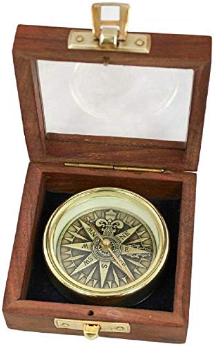 Kompass mit 3D Windrose in der Holzbox, Tischkompass, Magnetkompass, Messing