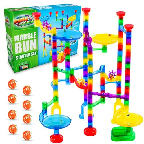 Marble Genius Marble Run (130 Complete Pieces) Maze Track or Race Game for Adults, Teens, Toddlers, or Kids Aged 4-8 Years Old, (80 Translucent Marbulous Pieces + 50 Glass-Marble Set), Starter Set