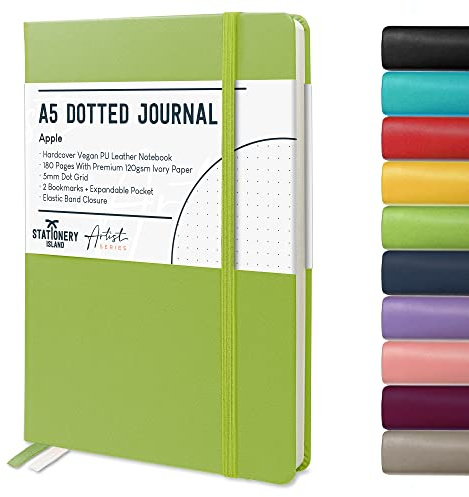 Stationery Island Cuaderno Punteado A5 Notebook Manzana Verde - Libreta A5 Bullet Dotted Journal Puntos de Tapa Dura Con 180 Páginas 120gsm Papel para Notas, Planificación, Estudio, Viajes, Diario