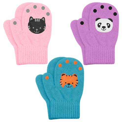 Cooraby 3 Pairs Toddler Stretch Mittens Winter Warm Knitted Magic Mittens Gloves (Color E, 1-3 Years)