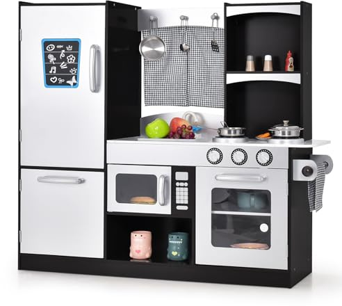 HONEY JOY Kids Kitchen Playset, Wooden Little Chef Pretend Toy Set, Microwave, Stove, Sink, Faucet, Storage Cabinet & Shelf, Curtain, Play Kitchen for Toddlers, Gift for Boys Girls 3+, Black