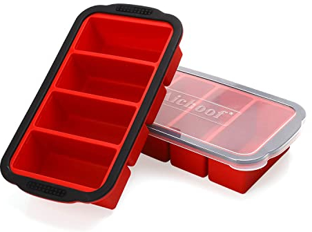 1 tasse extra large plateau de congélation pour soupe, bouillon, sauce, bac à glaçons avec couvercle, moules en silicone, bols à soupe, quatre grandes portions, 1 tasse cube-2 paquets (Rouge)