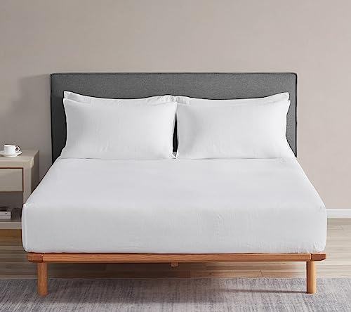 DAPU Spannbettlaken Leinen, 100% französischer Naturflachs Atmungsaktives 180×200+30cm Spannbetttuch mit Gummizug, Öko-Tex 100 Standard Bettlaken, Stonewashed Weiches Betttuch, Weiß