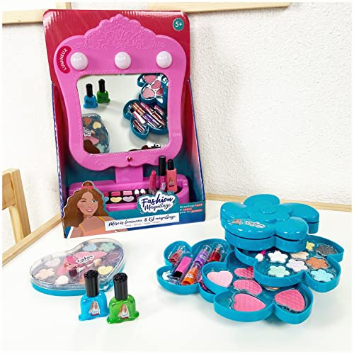 FASHION MAQUILLAGE - Espejo Iluminado y Maquillaje - Accesorios de Maquillaje - 258010 - Rosa - Plástico - Juego para Niños - Piel Sensible - Probado por un Laboratorio Francés - A Partir de 5 años