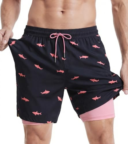 maamgic 7 Mens Swim Shorts with Compression Liner 4-Way Stretch Bathing Suit Swimming Shorts with Pockets,Pink Shark - Black,L