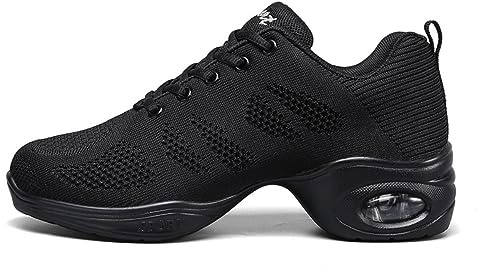 Fenlogft Women's Breathable Air Cushion Jazz Dance Shoes Lace Up Mesh Sneakers Athletic Walking Dance Thick Soled (Black,4,Big Kid)