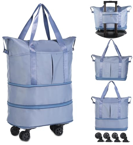 VOOWO Reisetasche mit Rollen, erweiterbar, faltbar, mit Rädern für Reisen, Rollgepäck, Handgepäck, Reisetasche, große Wochenendtasche für Damen und Herren, Blau